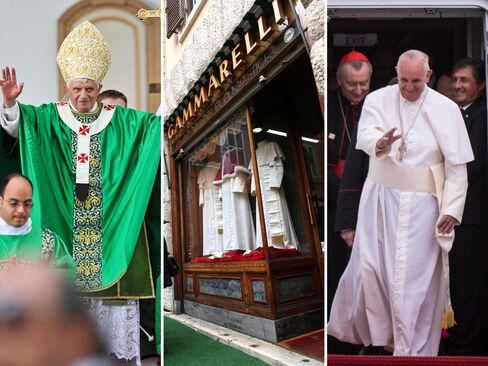 From left: Pope Benedict's lime green number was much-discussed behind Vatican walls; the traditional priestly outfitter, Gammarelli, in Rome; Francis prefers simple robes, in white cotton.
