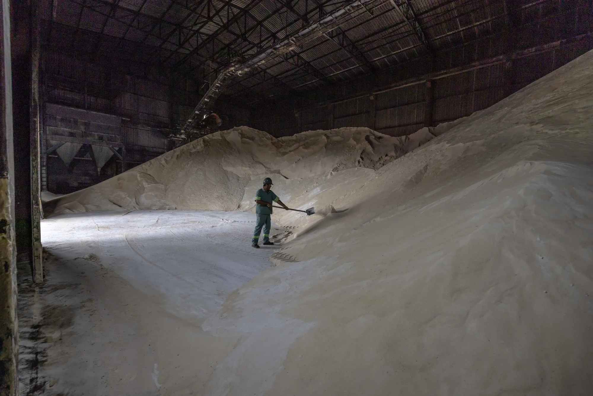 A worker shovels sugar at a sugar processing plant in Itapetininga,&nbsp;Brazil.