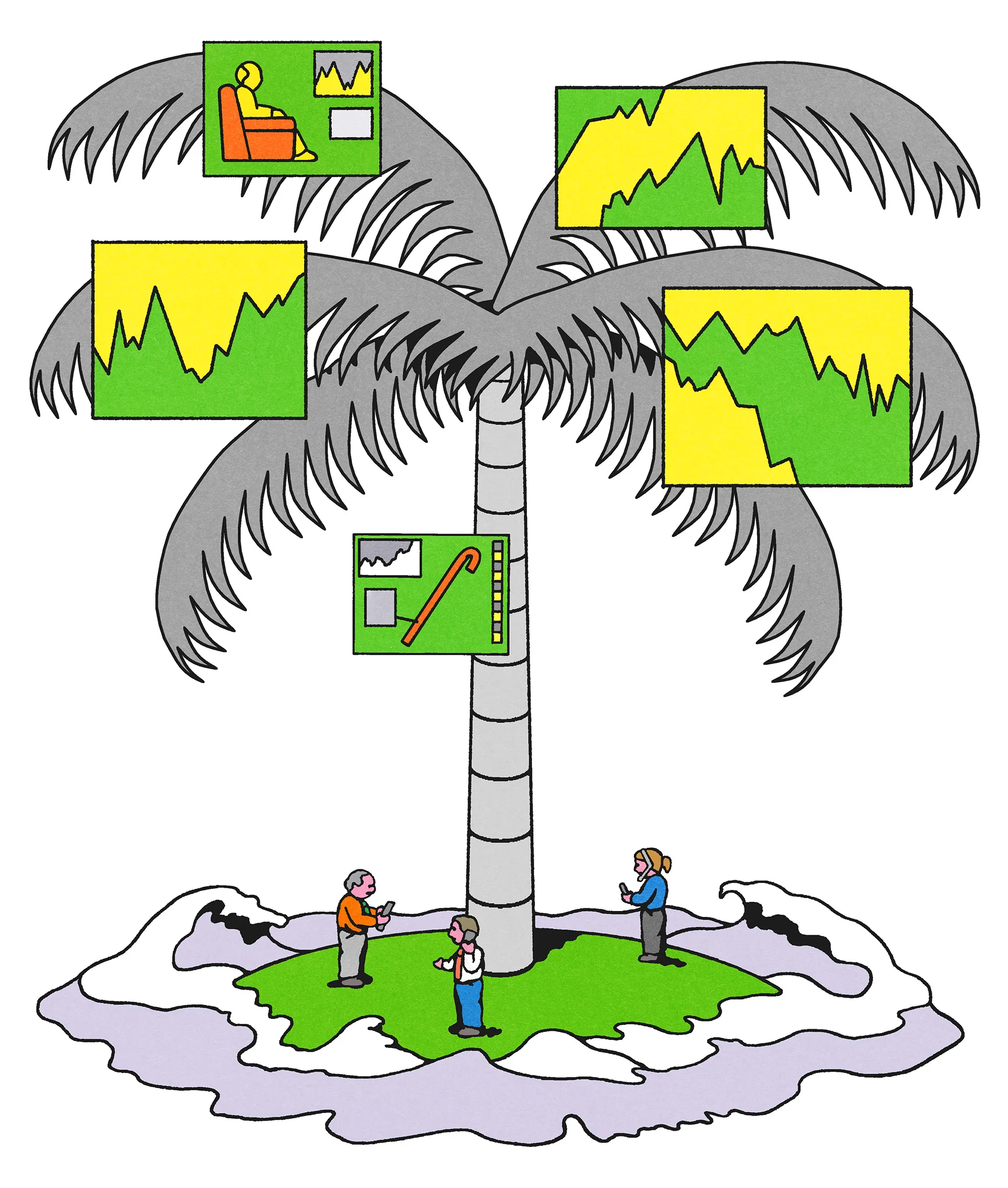 Illustraion of a palm tree on a small island with retirement assets hanging on it and investors milling about on the beach