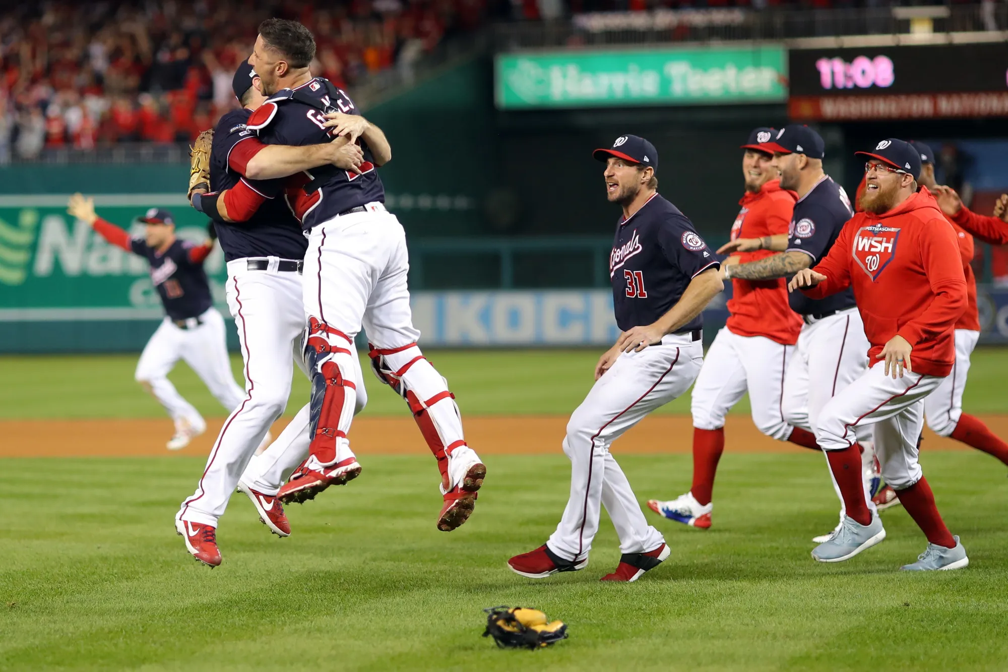 The Washington Nationals celebrate defeating the St. Louis Cardinals on Oct. 15.