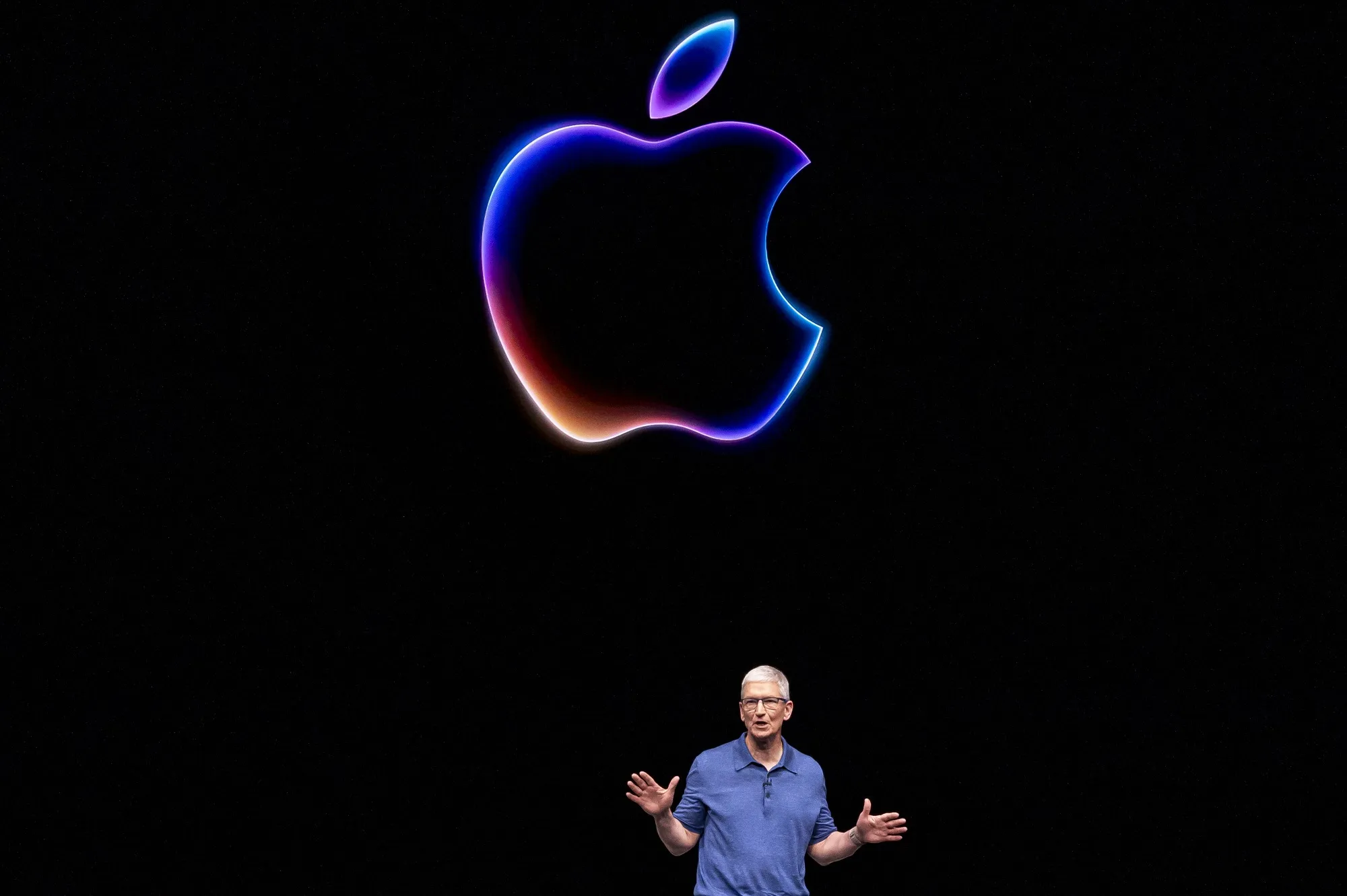Tim Cook, chief executive officer of Apple Inc., during the Apple Worldwide Developers Conference at Apple Park campus in Cupertino, California, US, on Monday, June 10, 2024.&nbsp;