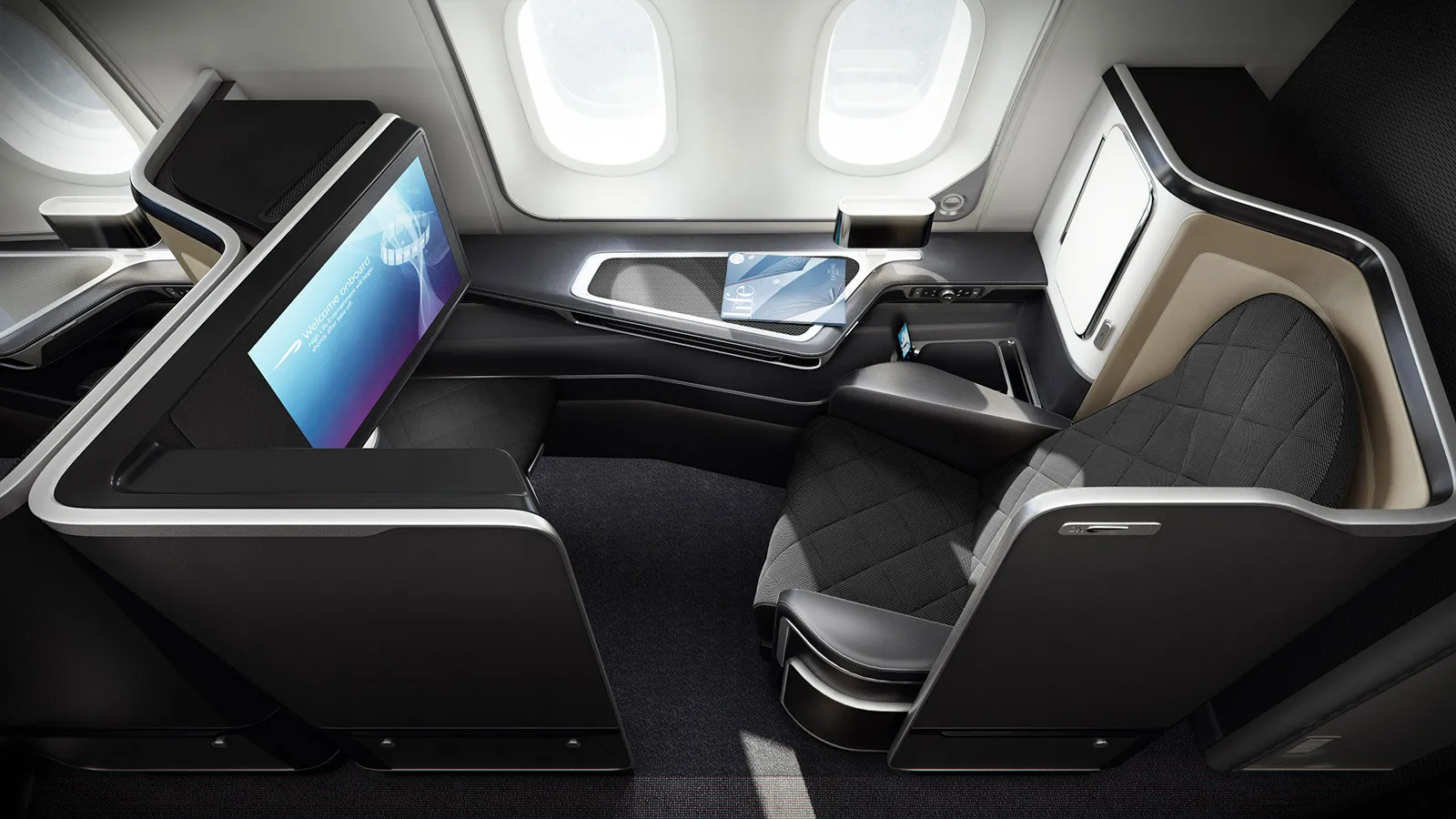 A first-class cabin on a British Airways flight.