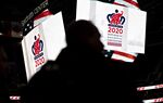 2020 Republican National Convention signage is displayed inside the Spectrum Center during a media walk-through in Charlotte, North Carolina in 2019. 