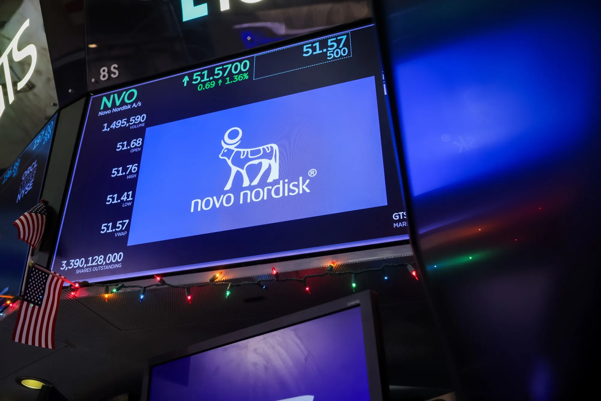 Novo Nordisk signage on the floor of the New York Stock Exchange.