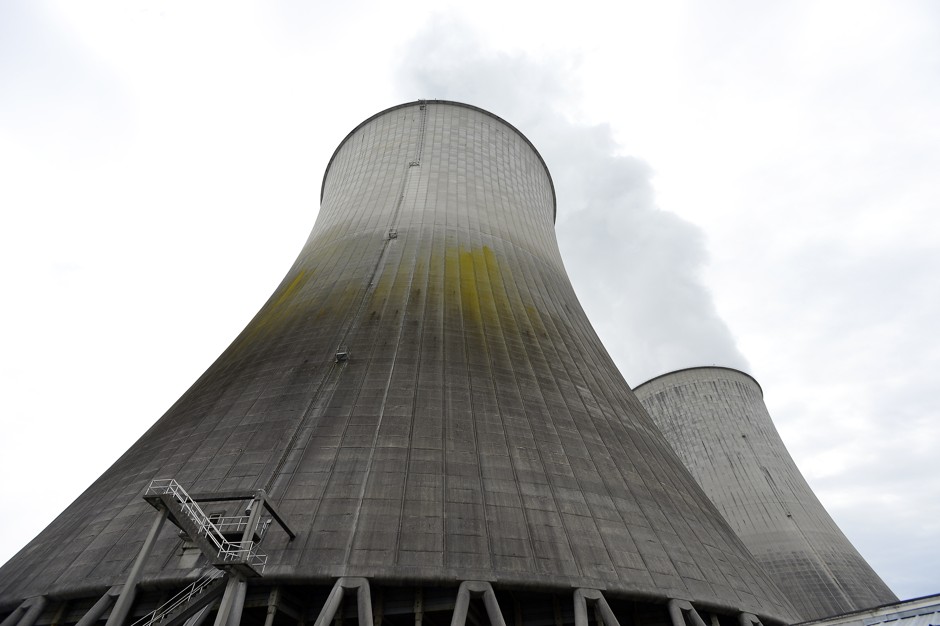The cooling tower for Unit 2 (left) and unit 1 (right), photographed on April 29, 2015. 