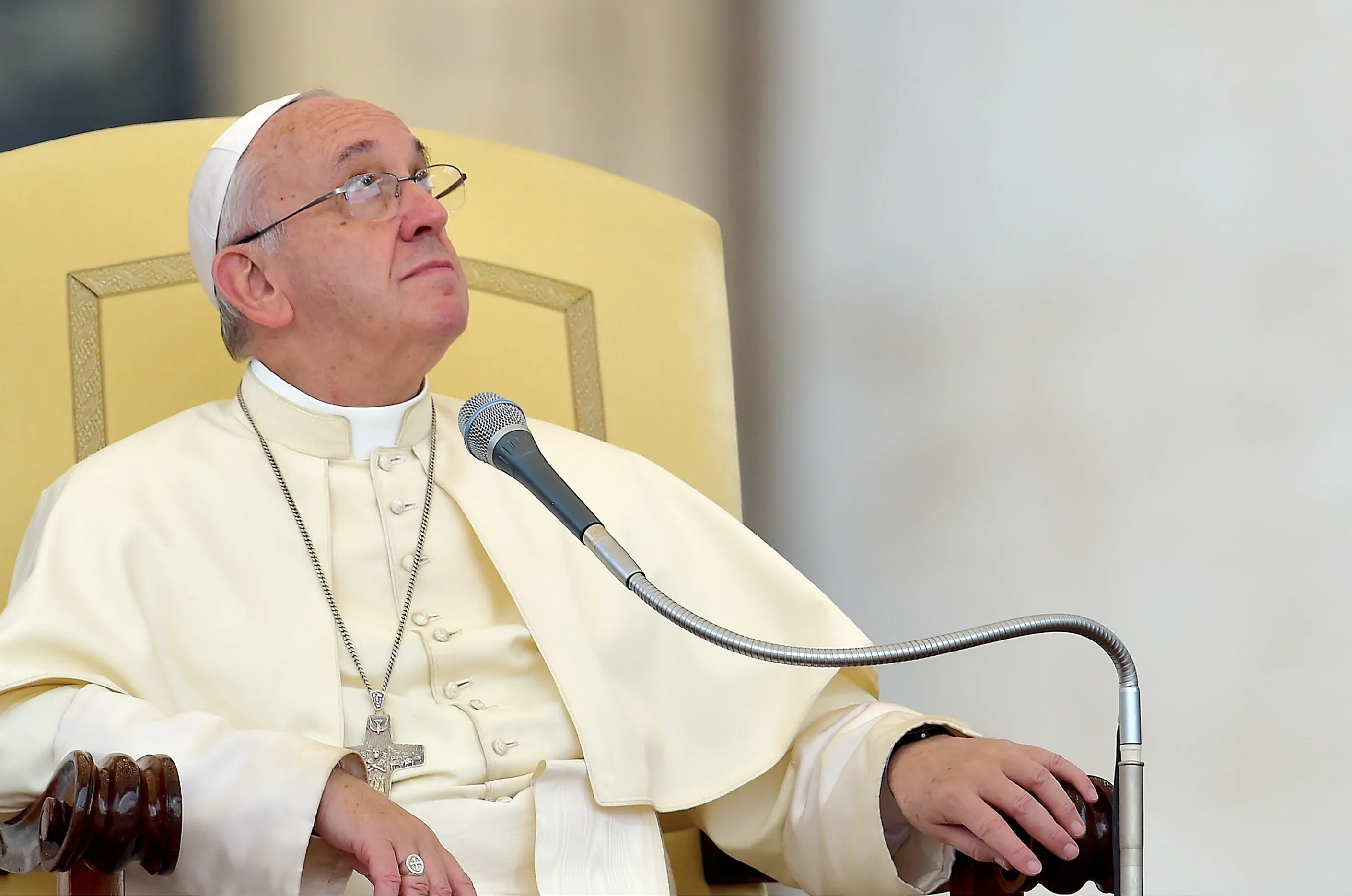Pope Francis looks on during his weekly audience in Saint Peter's square at the Vatican on Sept. 2, 2015.

