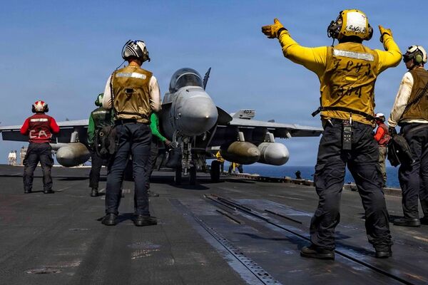 An EA-18G Growler fighter jet on the flight deck of the USS Abraham Lincoln on May 11.