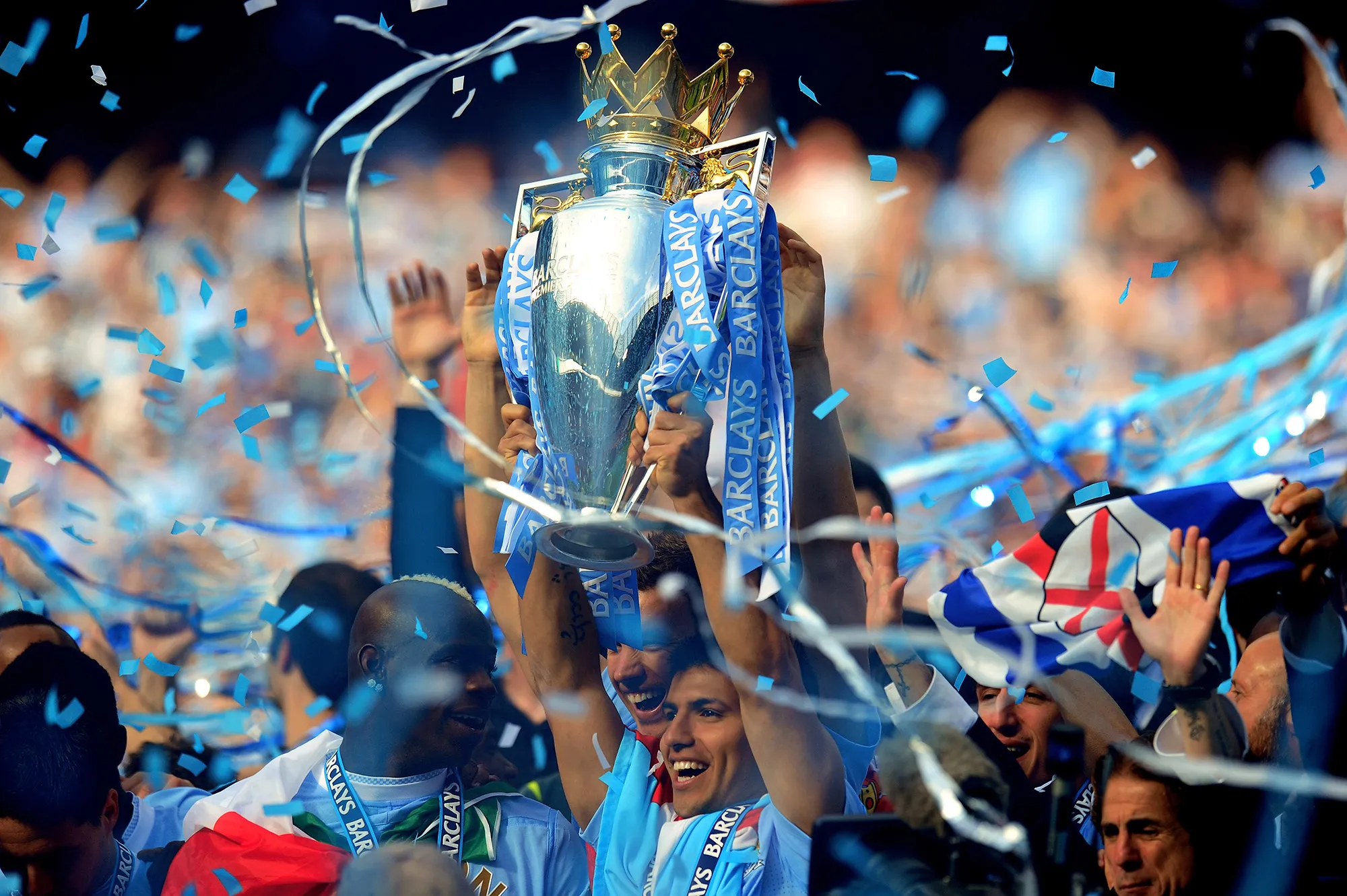 Sergio Aguero celebrates after winning the Barclays Premier League.
