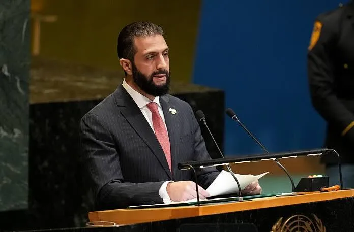 Syria’s leader&nbsp;Ahmed Al-Sharaa speaking during the United Nations General Assembly&nbsp;in New York in September.&nbsp;