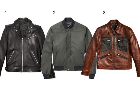 (1) Biker Jacket with leather collar, $1,095, thekooples.us; (2) Leather bomber, Brioni, $7,895, mrporter.com; (3) Leather roadster, Coach, $1,500, coach.com