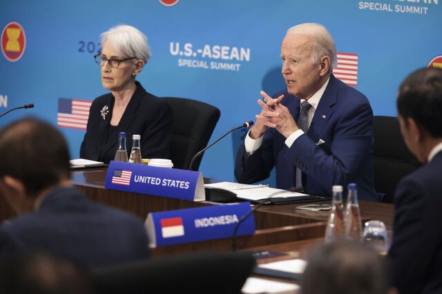 Sherman alongside then-US President Joe Biden at the State Department in Washington, D.C. in May 2022.
