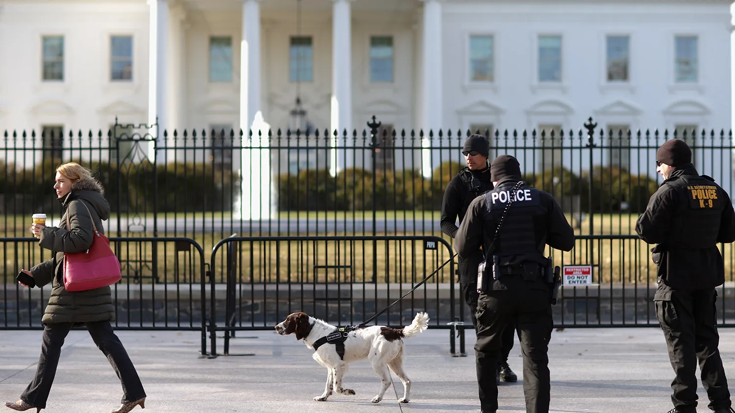 A U.S. Secret Service K-9 team works along the second, temporary fence on the north side of the White House March 18, 2015 in Washington, DC.
