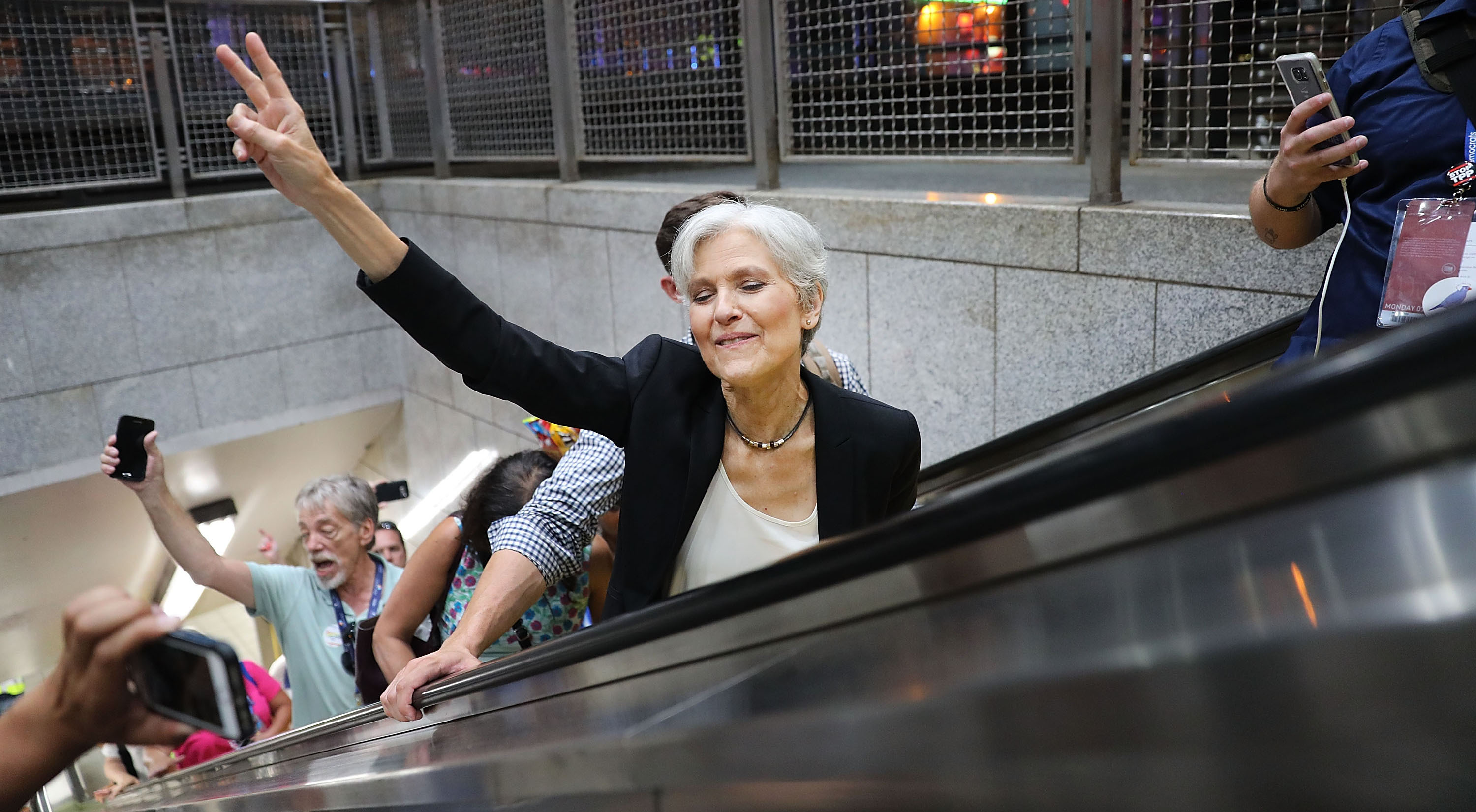 Green Party candidate Jill Stein speaks with supporters in downtown Philadelphia during events at the Democratic National Convention on July 26, 2016.
