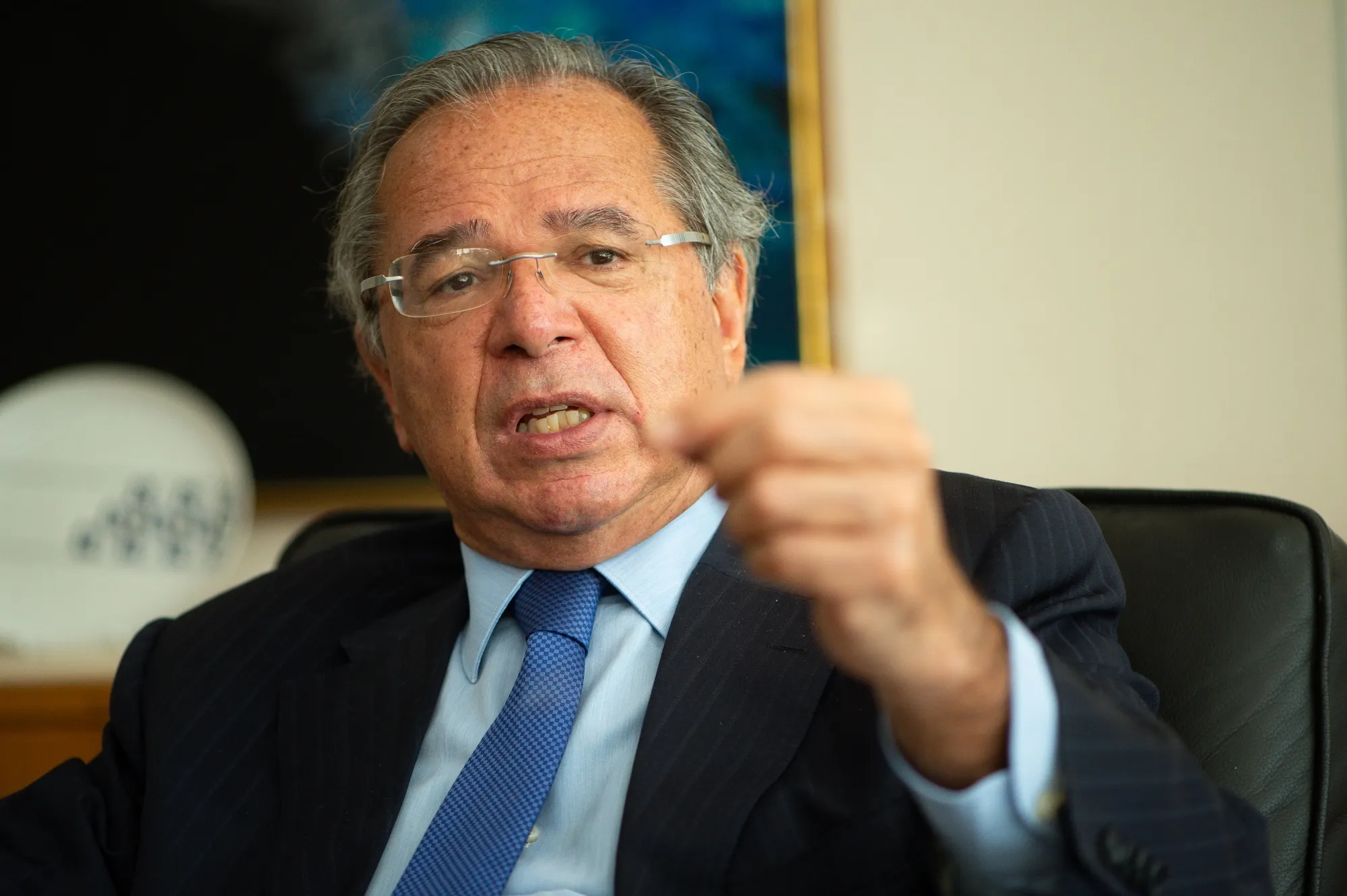 Paulo Guedes speaks during an interview in Brasilia on May 13.