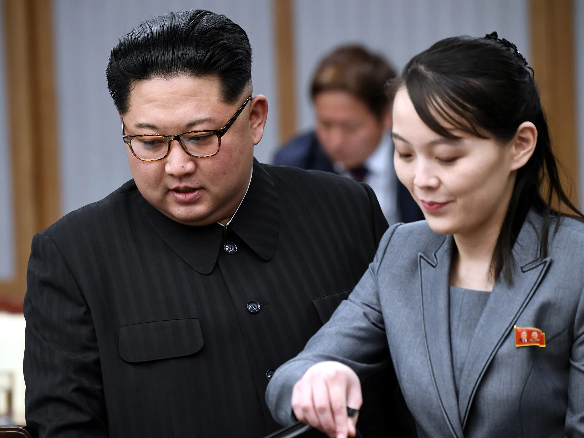 North Korea's leader Kim Jong Un, left and and his sister Kim Yo Jong.