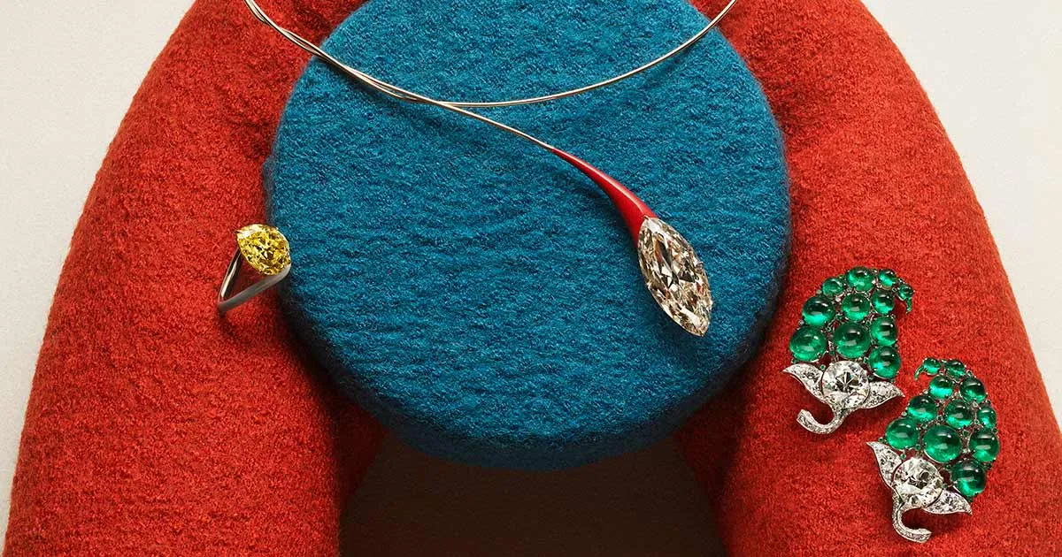 From left: Taffin necklace and ring, Bhagat earclips.
