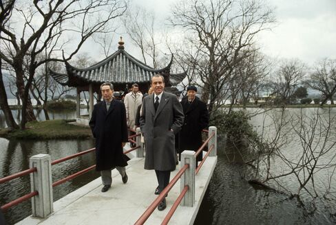 Premier Zhou Enlai took President Richard Nixon on a stroll through Hangzhou's West Lake in 1972.