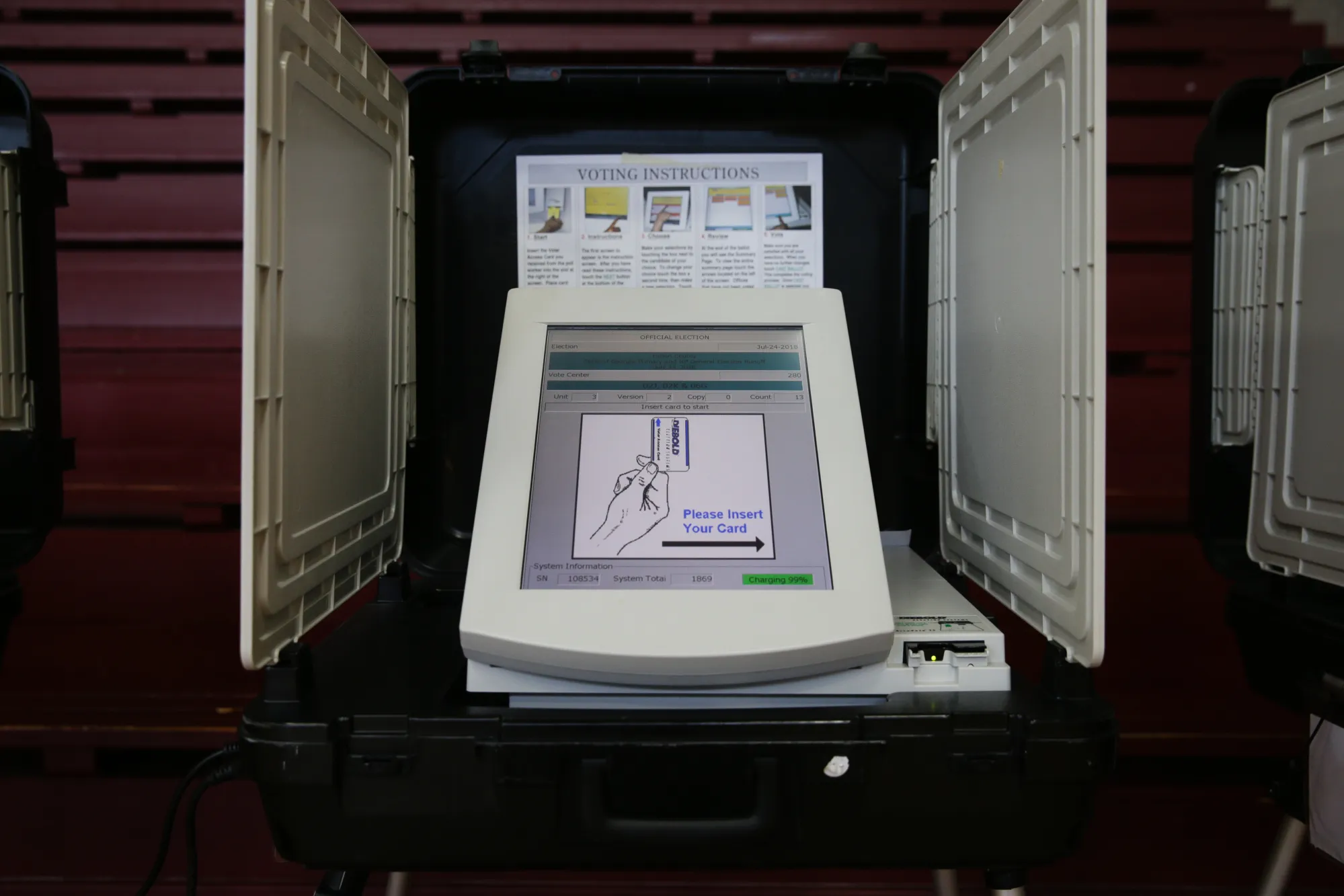 An electronic voting machine sits in a privacy booth at a polling location&nbsp;in Atlanta, Georgia, on July 24, 2018.&nbsp;