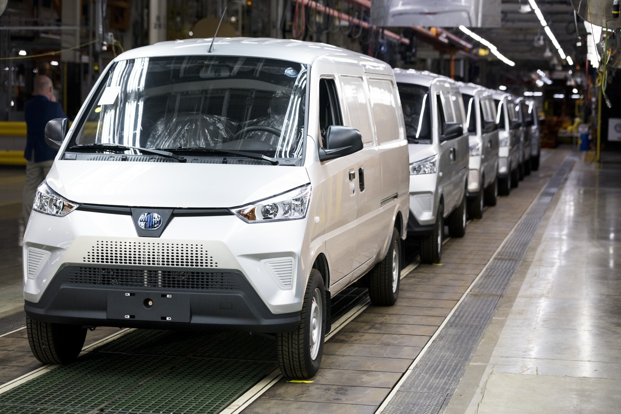 Urban Delivery electric vans on the production line at the Electric Last Mile Solutions facility in Mishawaka, Indiana.