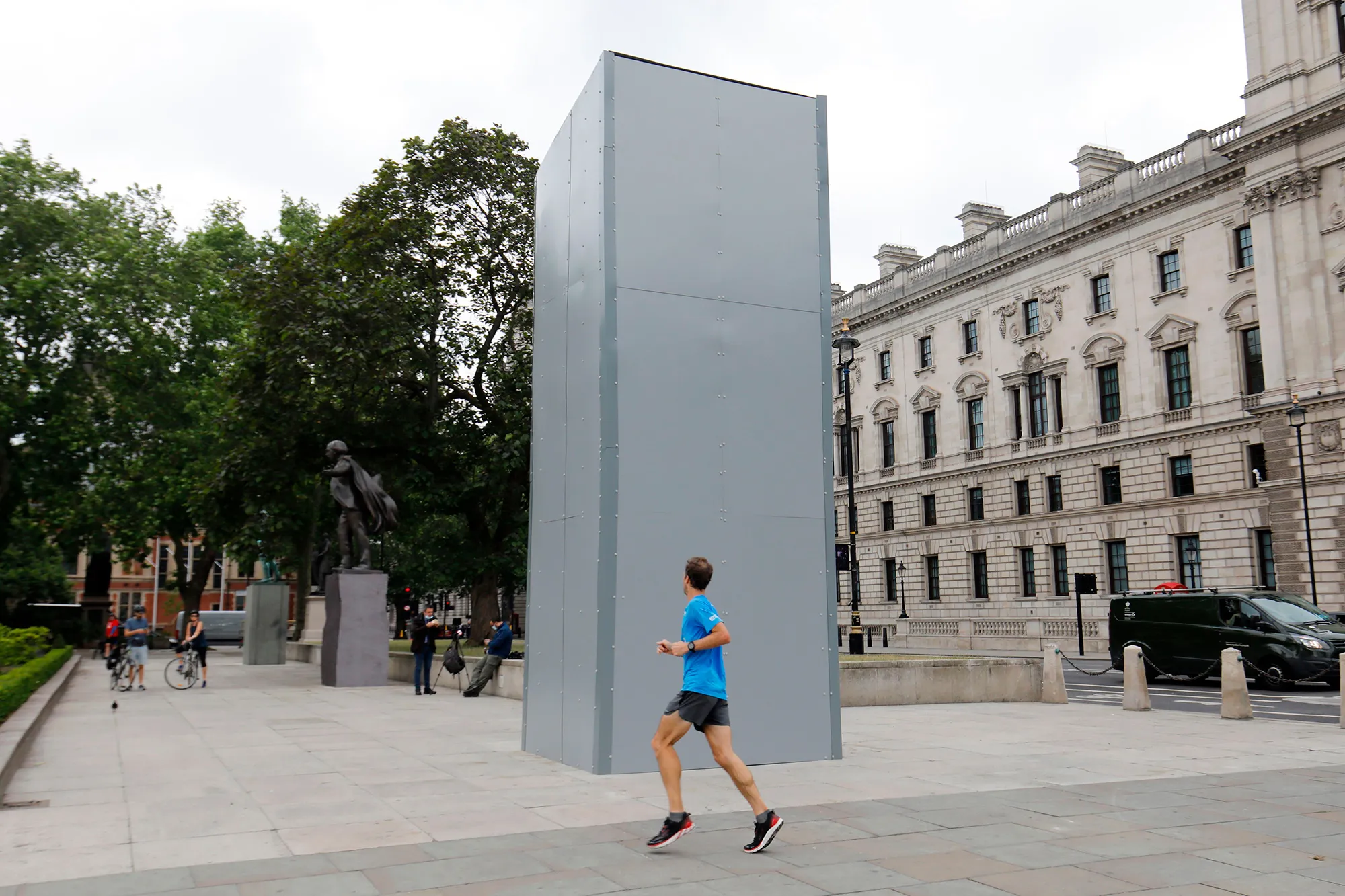 The boarded up statue of Prime Minister Winston Churchill&nbsp;in Parliament Square in central London on June 12.