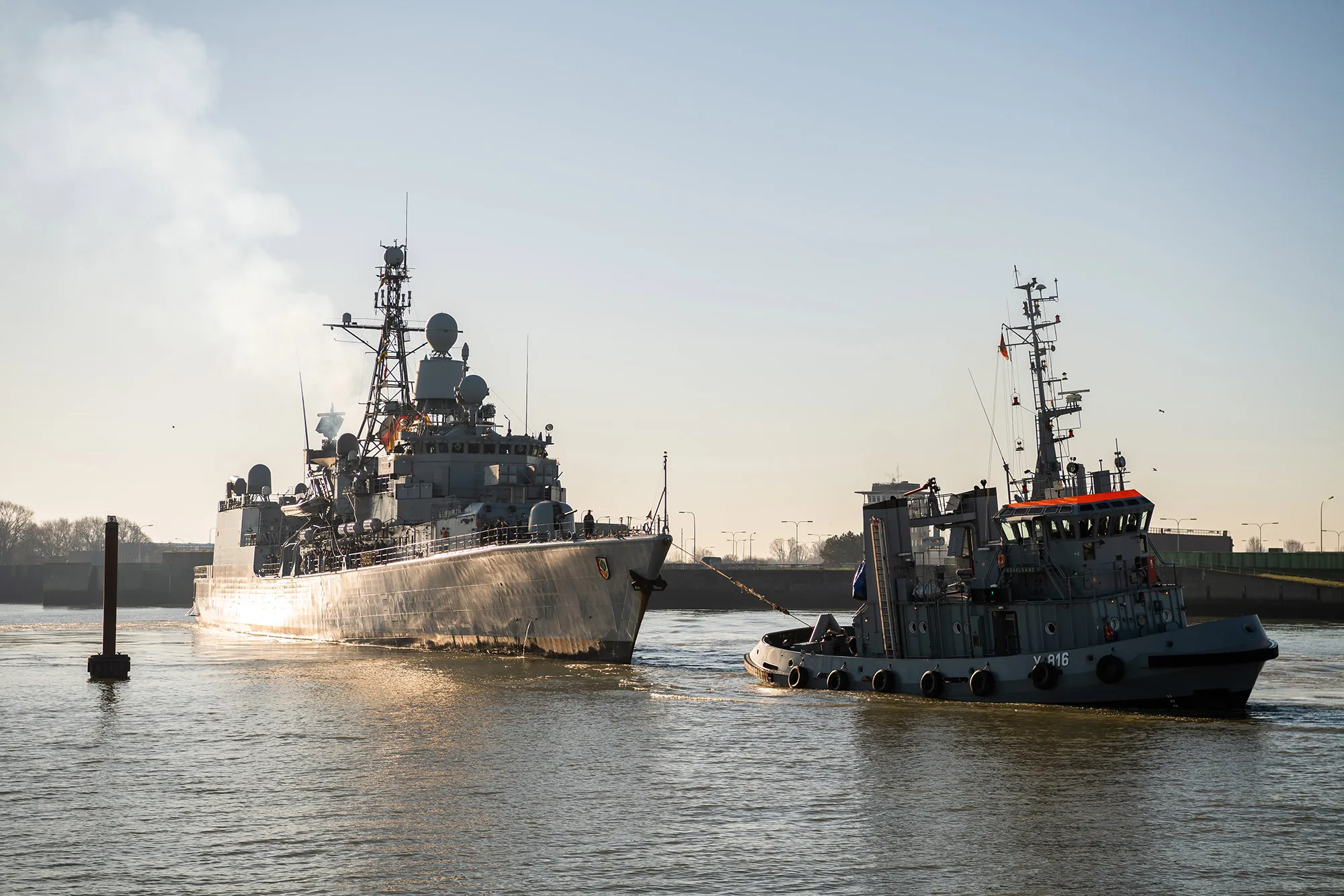 The frigate Augsburg (l) returns from&nbsp;Operation Sophia.&nbsp;