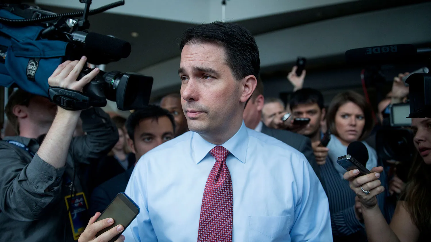 Scott Walker, governor of Wisconsin, pauses while speaking the the media during the South Carolina Freedom Summit hosted by Citizens United and Congressman Jeff Duncan in Greenville, South Carolina, U.S., on Saturday, May 9, 2015.
