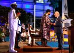 Prince Charles, right, receives the Order of Freedom of Barbados from Governor General Sandra Mason during the ceremony to declare Barbados a Republic, in Bridgetown, on Nov. 30.