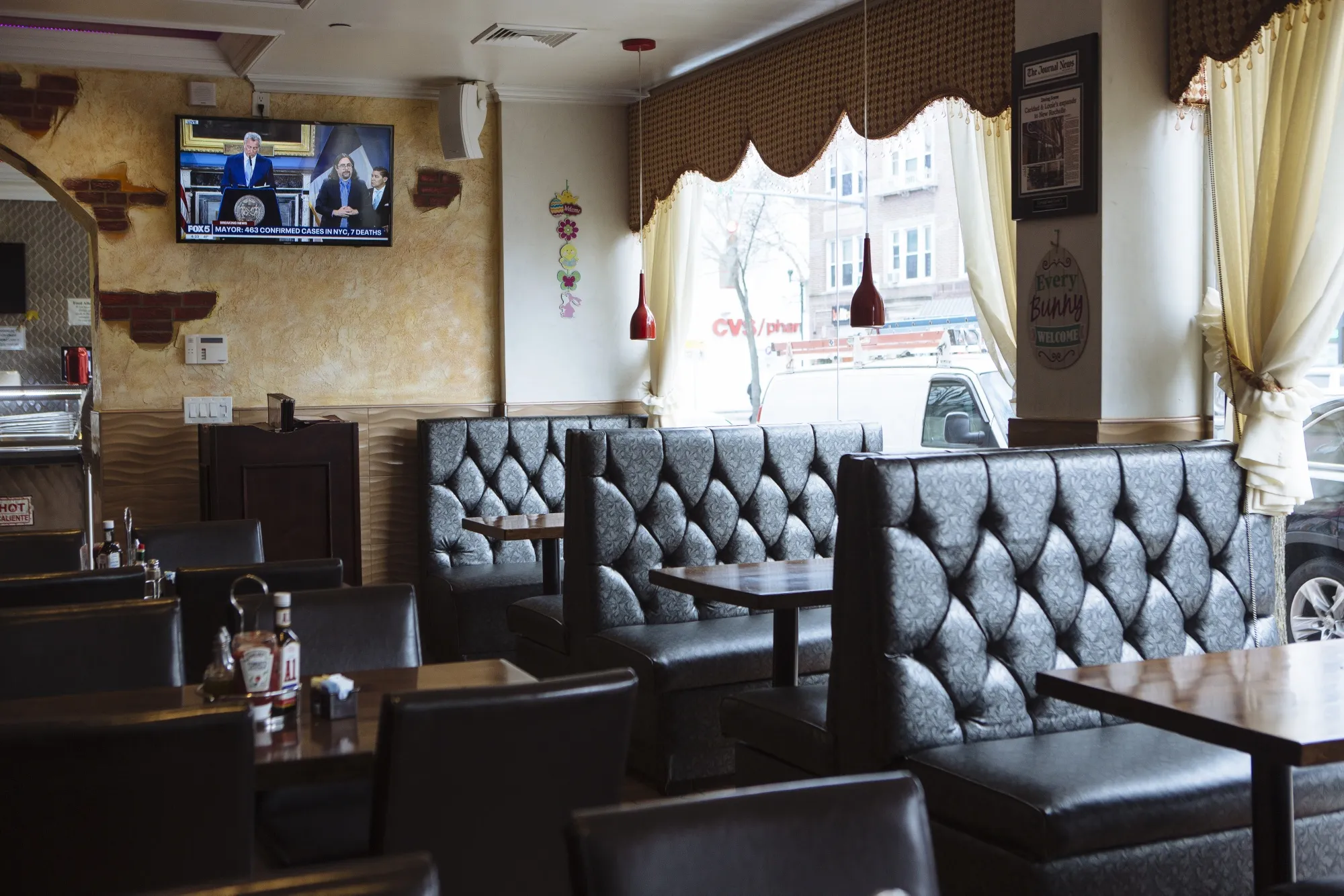 A restaurant stands empty in New Rochelle, New York on March 16.