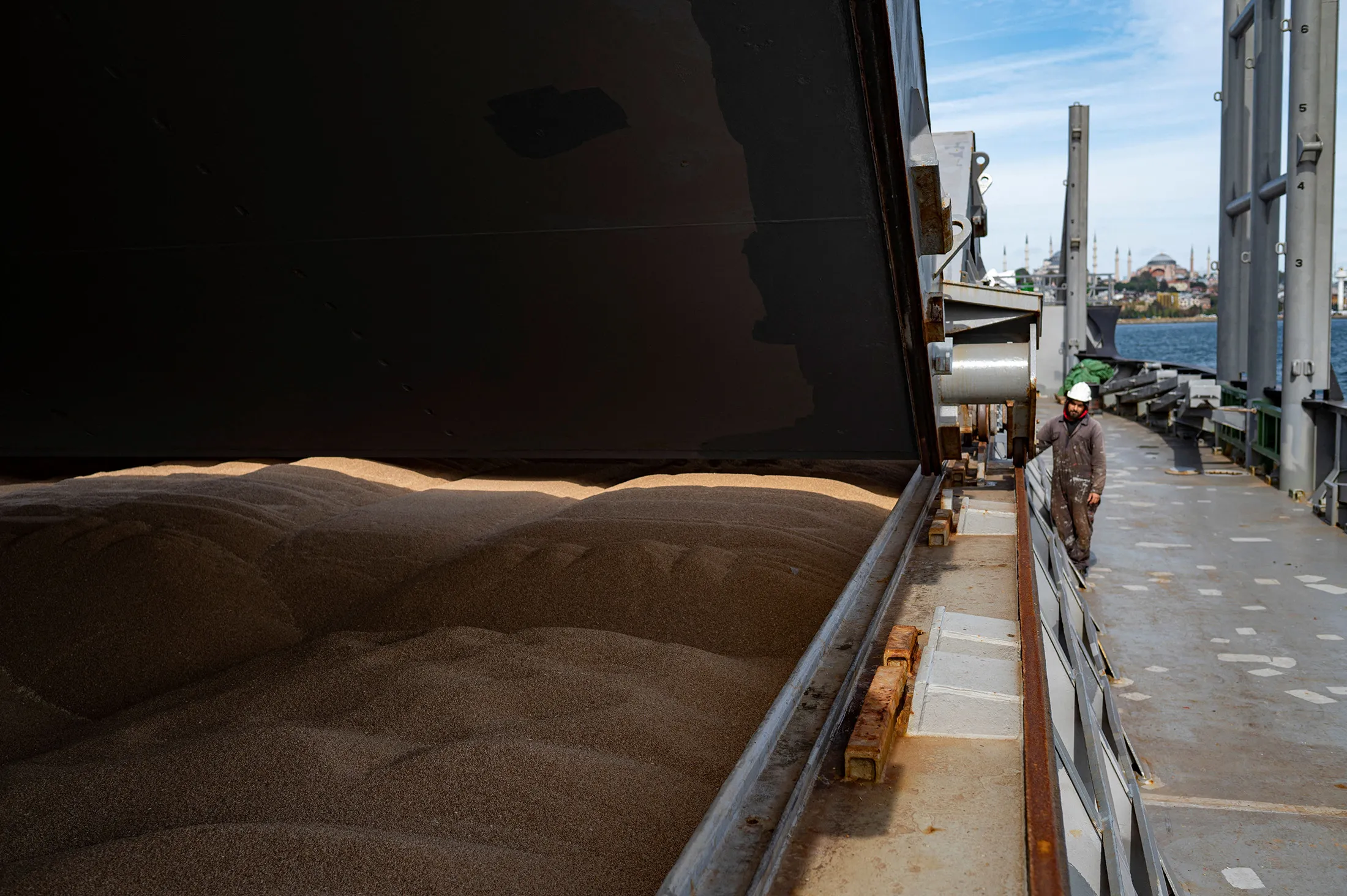 A crew member prepares a grain analysis for a&nbsp;ship&nbsp;coming from Ukraine, loaded with grain and anchored in Istanbul, on Oct.&nbsp;11.