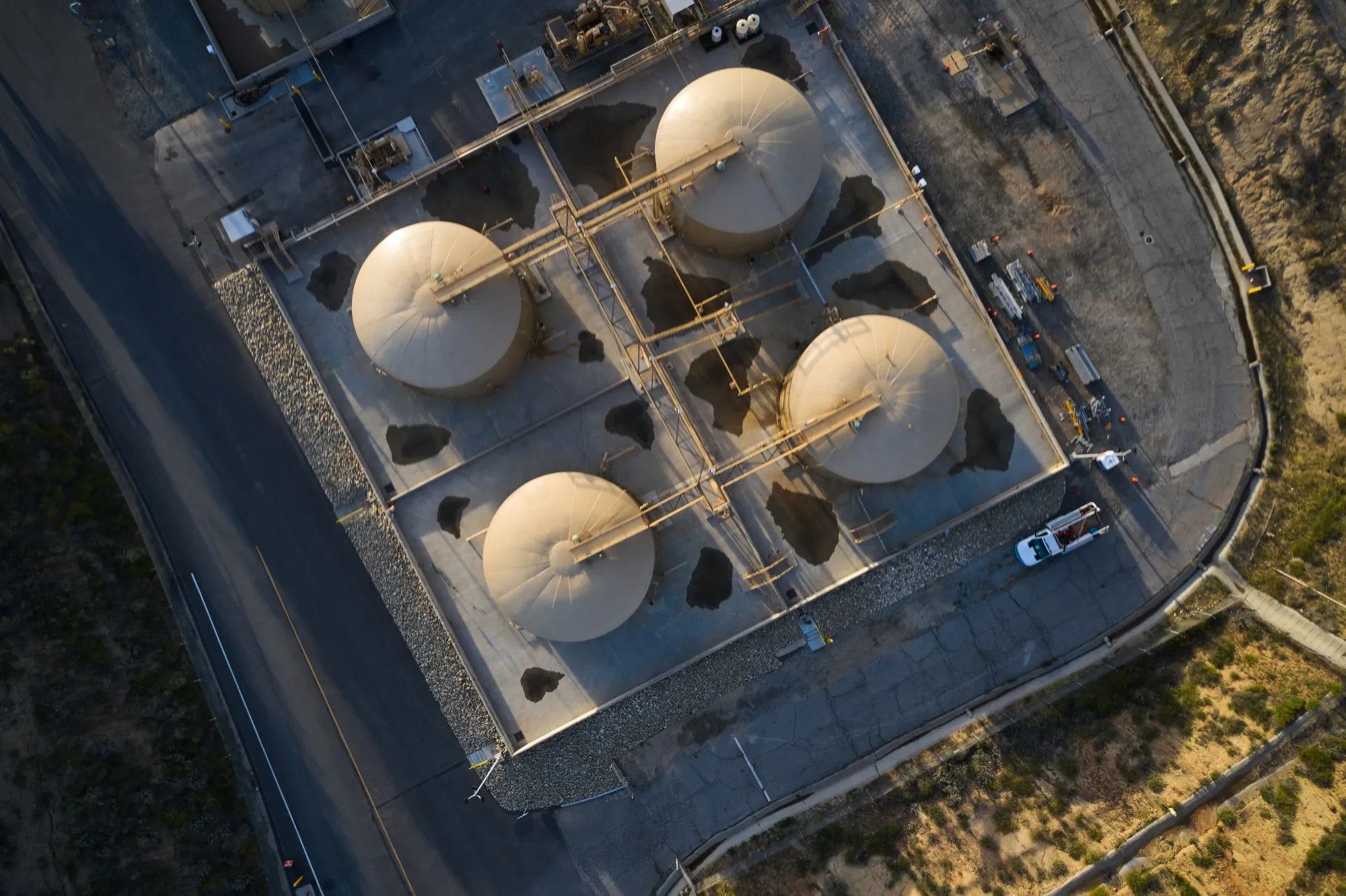Above-ground storage tanks at the&nbsp;Honor Rancho natural gas storage facility in Santa Clarita, California.