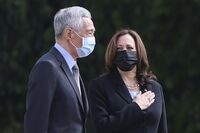US Vice President Kamala Harris and Singapore’s Prime Minister Lee Hsien Loong during a welcome ceremony in Singapore.