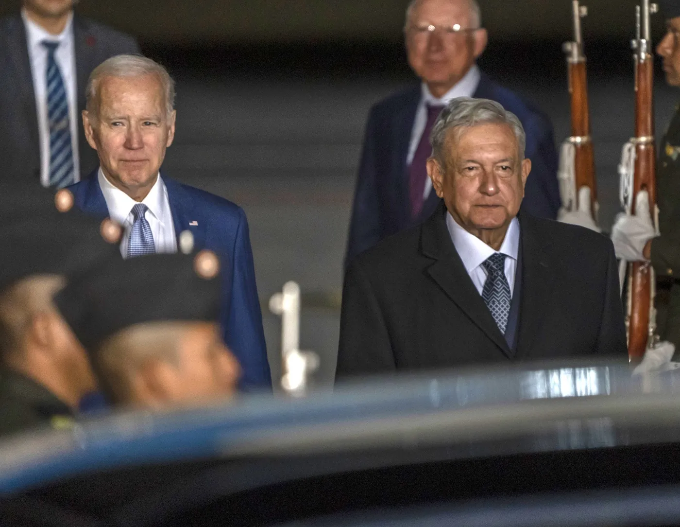 Joe Biden&nbsp;and Andres Manuel Lopez Obrador at Felipe Angeles International Airport&nbsp;in Zumpango de Ocampo, Mexico, on Jan. 8.