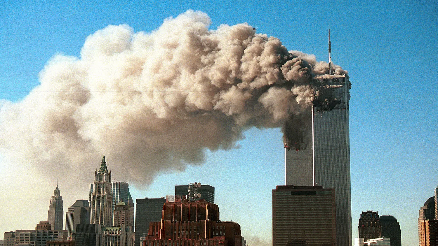 Smoke pours from the twin towers of the World Trade Center after they were hit by two hijacked airliners in a terrorist attack on Sept. 11, 2001, in New York City.

