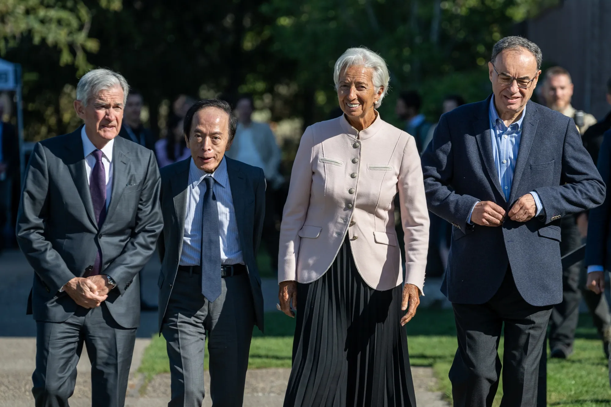 Andrew Bailey, right, walks with&nbsp;Fed Chair Jerome Powell, from left, Bank of Japan Governor Kazuo Ueda and ECB President Christine Lagarde outside the Fed’s Jackson Hole Economic Policy Symposium on Aug. 22.