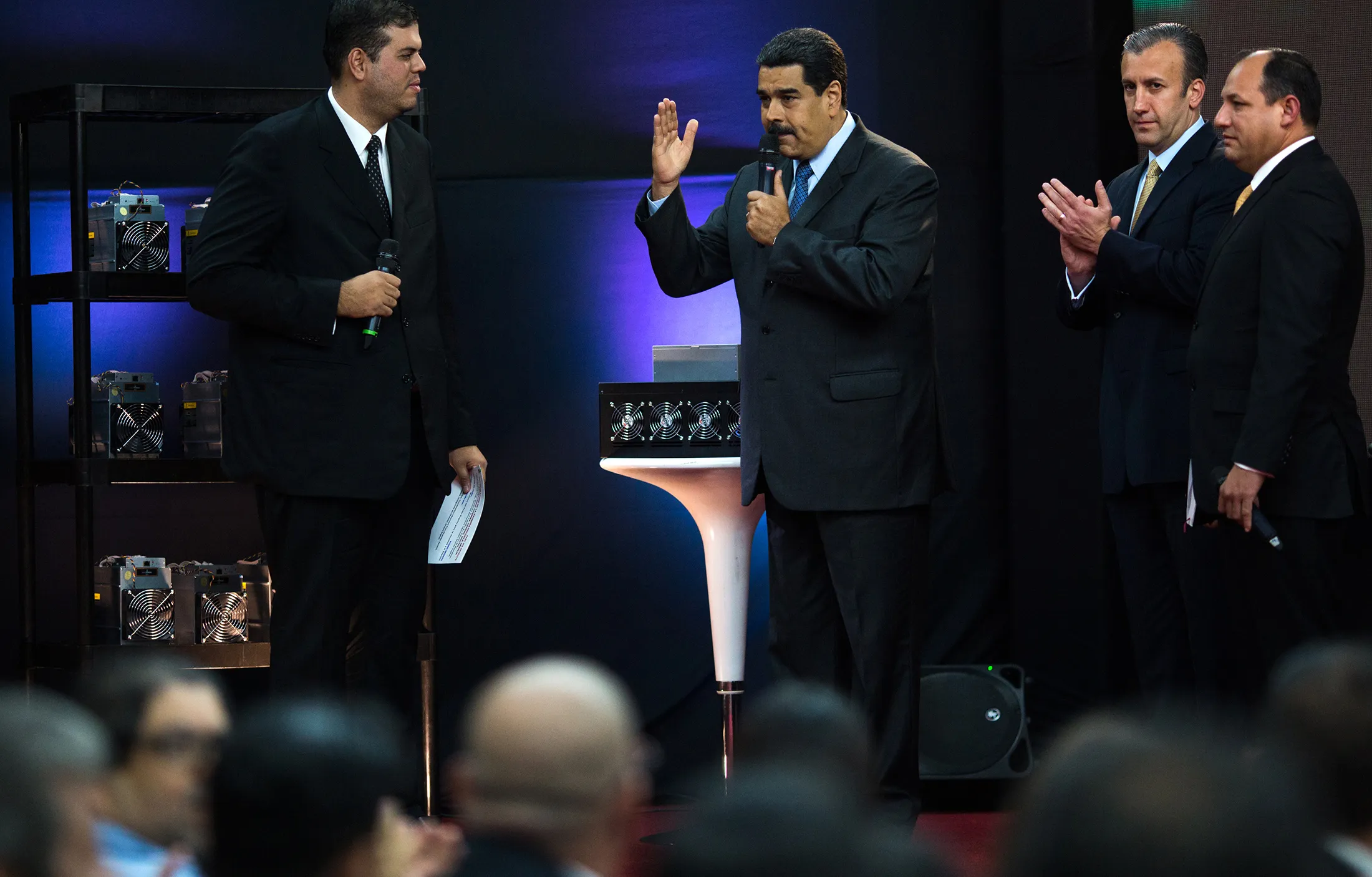 Nicolas Maduro, Venezuela's president, center, speaks&nbsp;during the Petro cryptocurrency launch event in Caracas&nbsp;on&nbsp;Feb. 20, 2018.