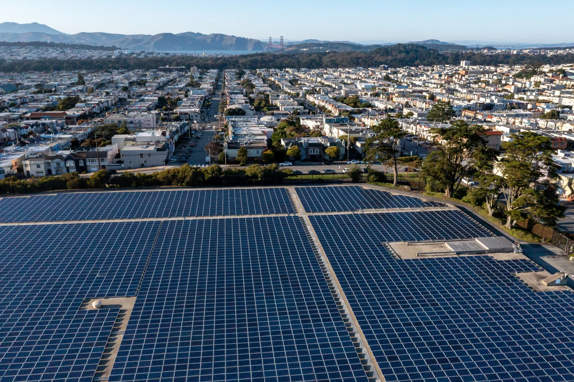 Solar panels at the Sunset Reservoir North Basin solar farm in San Francisco, California.