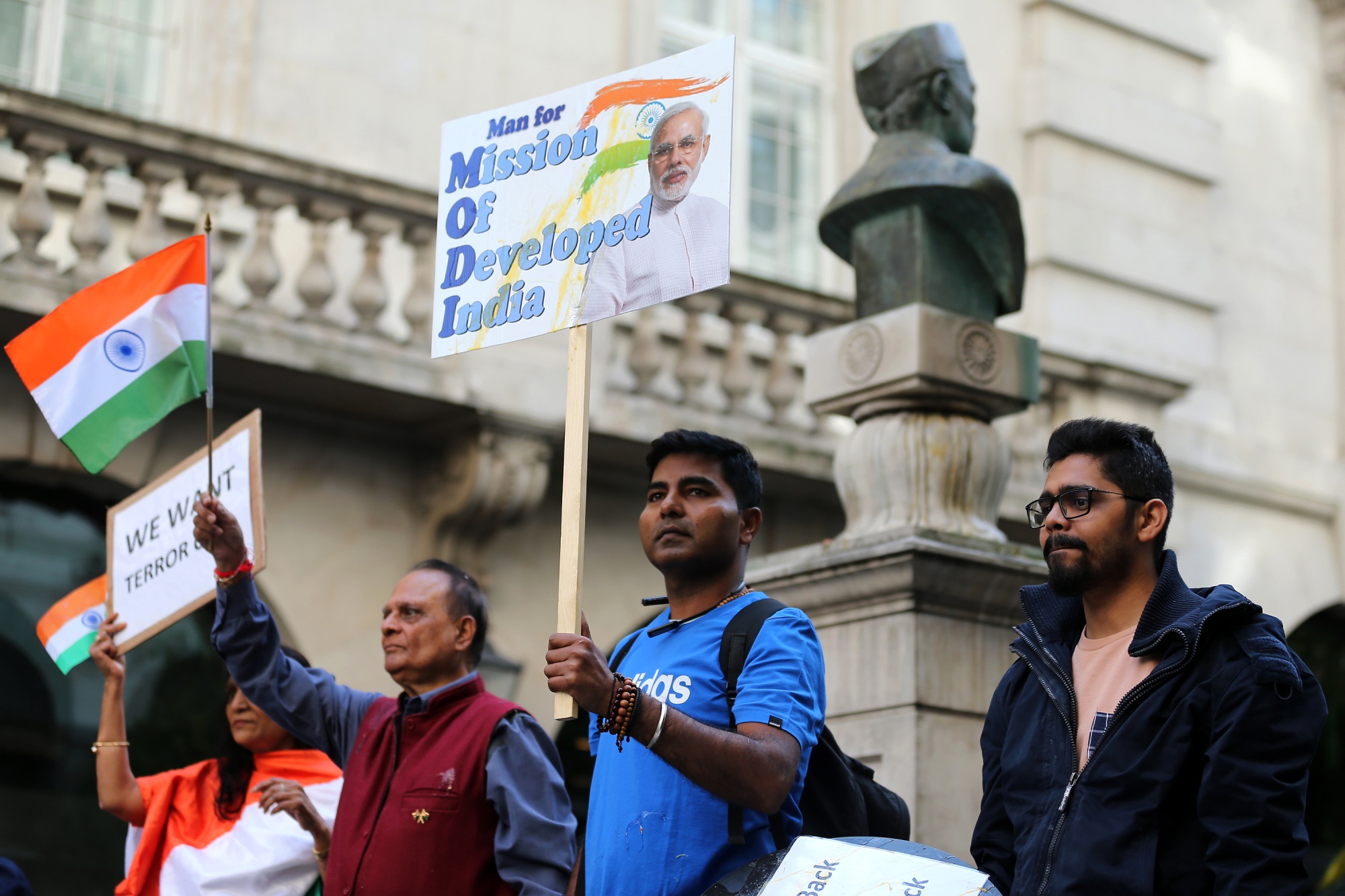 Modi supporters&nbsp;outside India’s&nbsp;High Commission in London. Nehru’s statue&nbsp;faces&nbsp;the opposite direction.