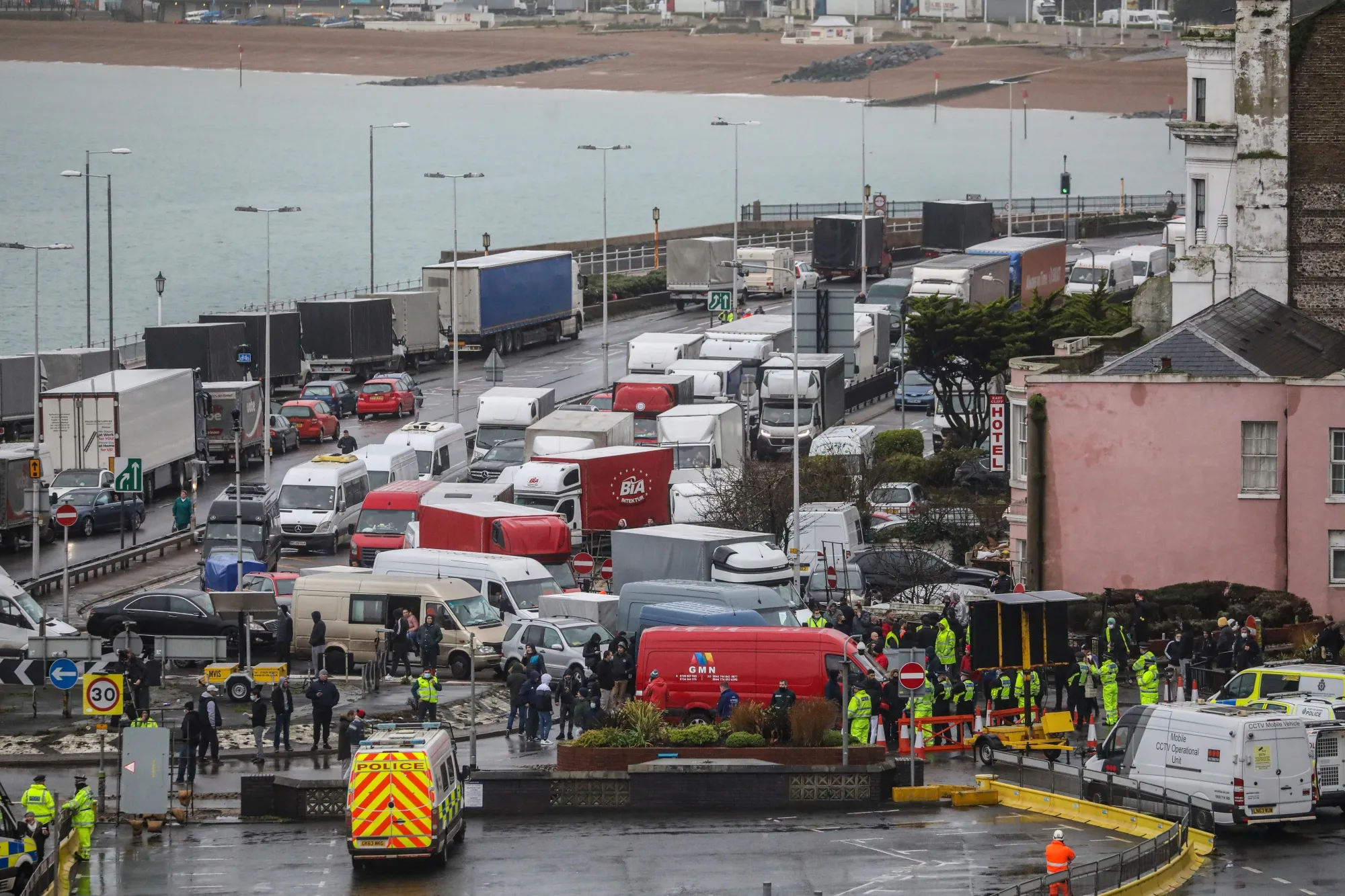 Vehicles in traffic on the access road towards the Port of Dover on Dec. 23.