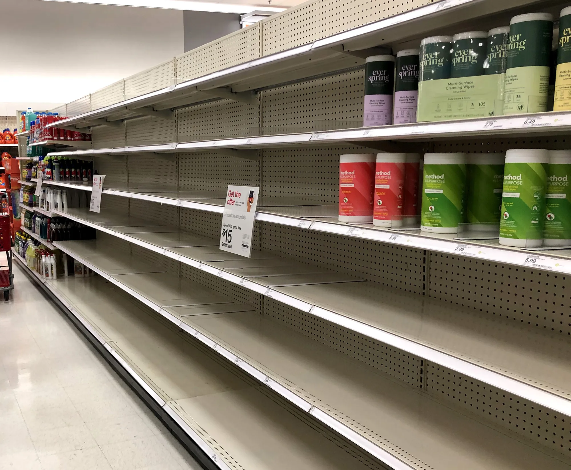 Shelves where disinfectant wipes are usually displayed is nearly empty at a Target store&nbsp;in Novato, California on March 2.