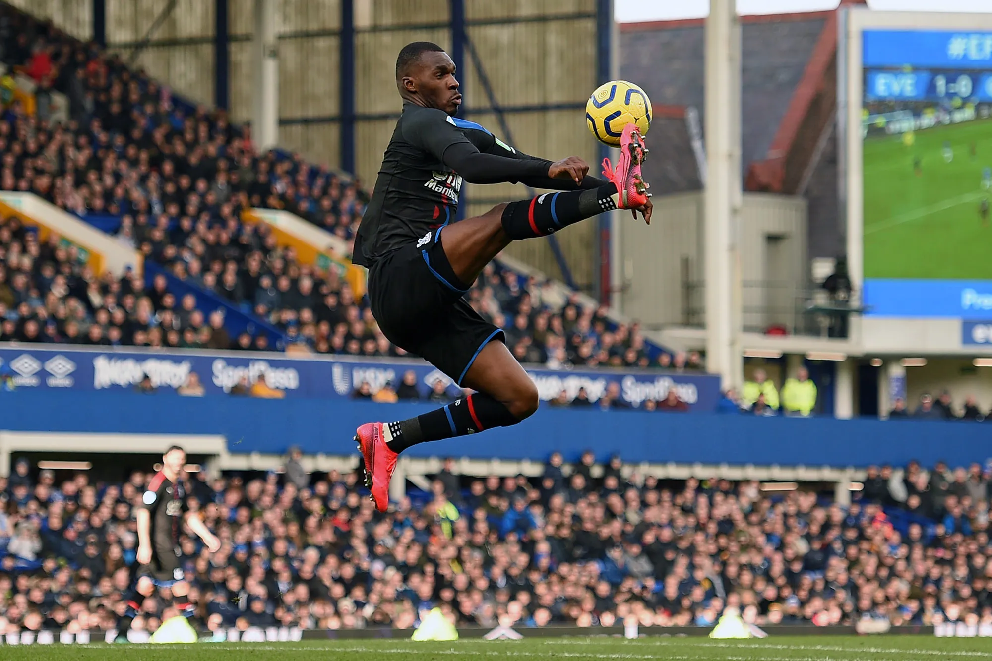 Crystal Palace's Christian Benteke controls the ball during the English Premier League football match between Everton and Crystal Palace