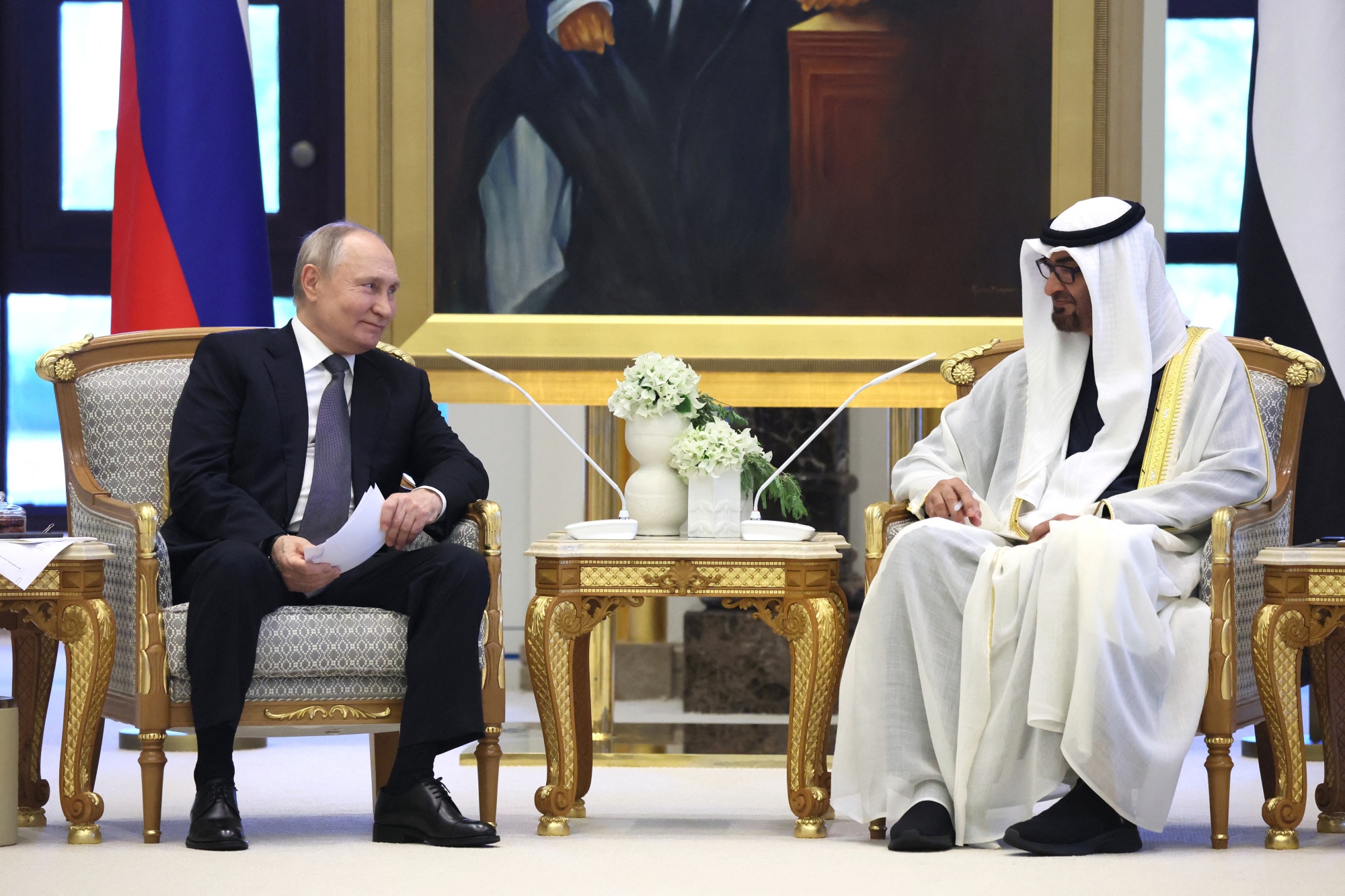 Vladimir Putin, left, and Sheikh Mohammed Bin Zayed Al Nahyan in Abu Dhabi on Dec. 6.