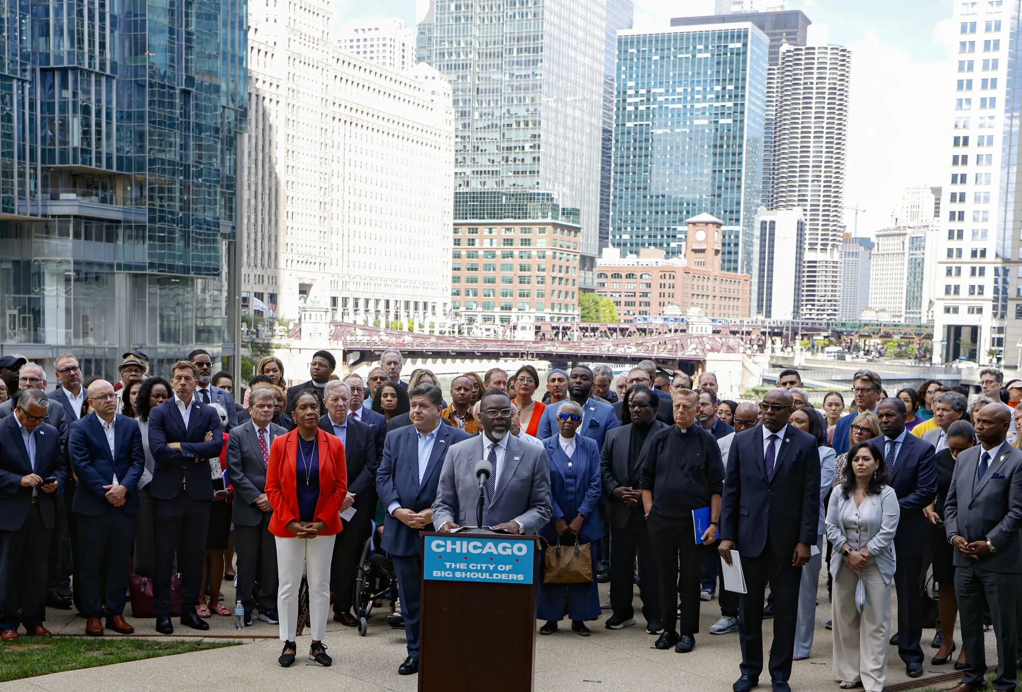 Chicago Mayor Brandon Johnson speaks during a press conference in Chicago in August 2025.