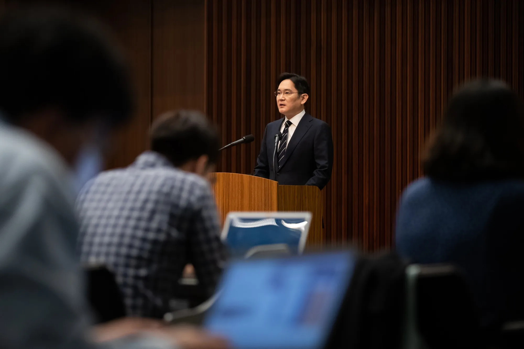 Jay Y. Lee speaks during a news conference in Seoul on May 6.