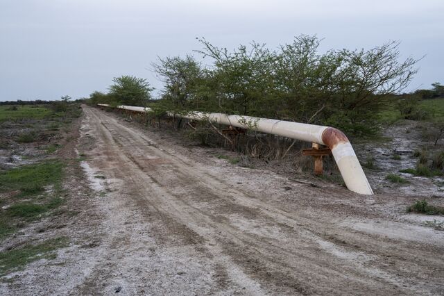 A pipeline carries 'produced water' from the main oil production site to the waste water pit near the oil facility in Koch county. According to the local authorities, the pipes are poorly maintained and sometimes leak.