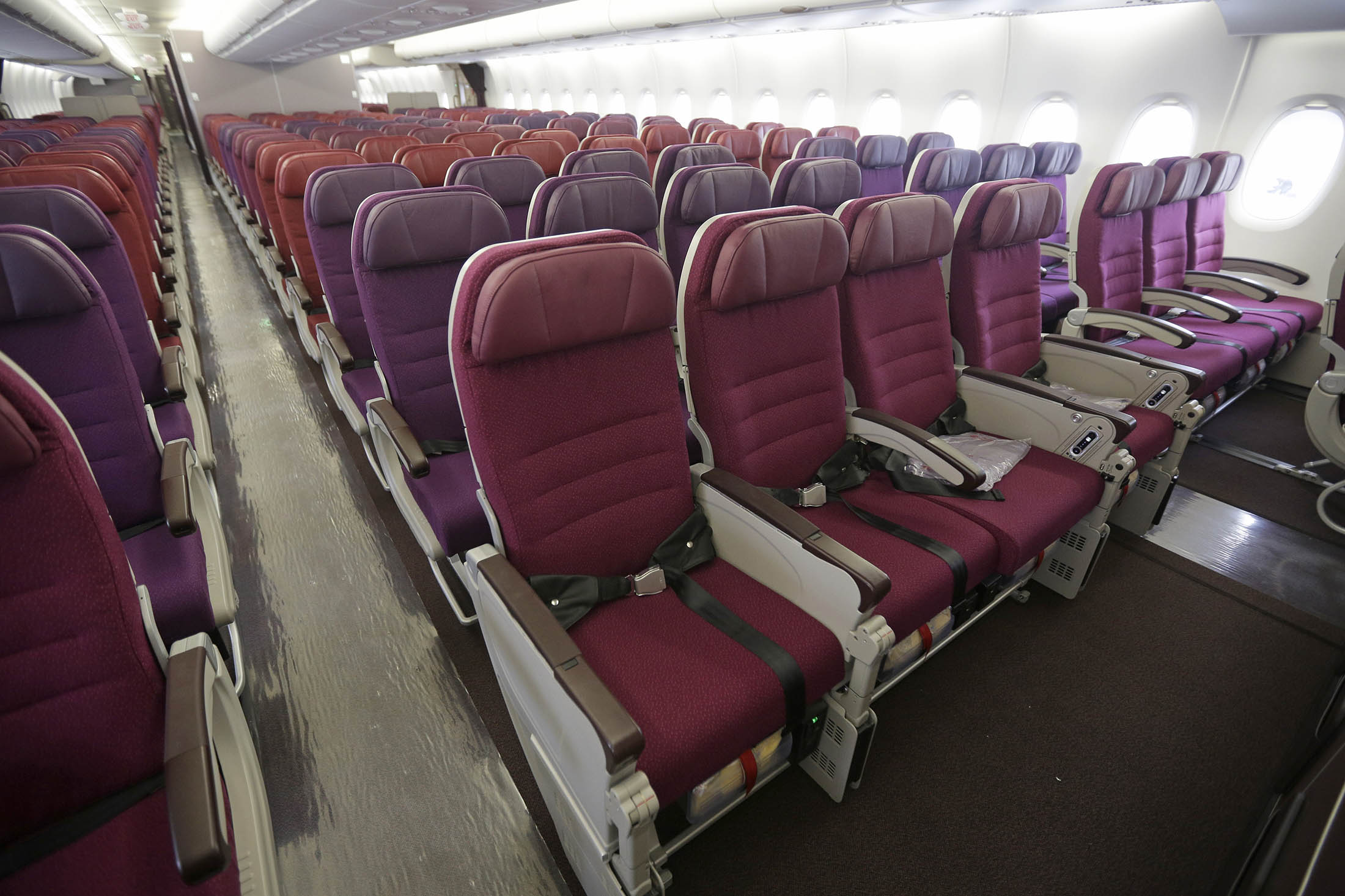 The economy class cabin of an Airbus SAS A380 airplane operated by Malaysia Airline System Bhd. is seen on the first day of the Farnborough International Air Show in Farnborough, U.K., on Monday, July 9, 2012. The Farnborough International Air Show runs from July 9-15.
