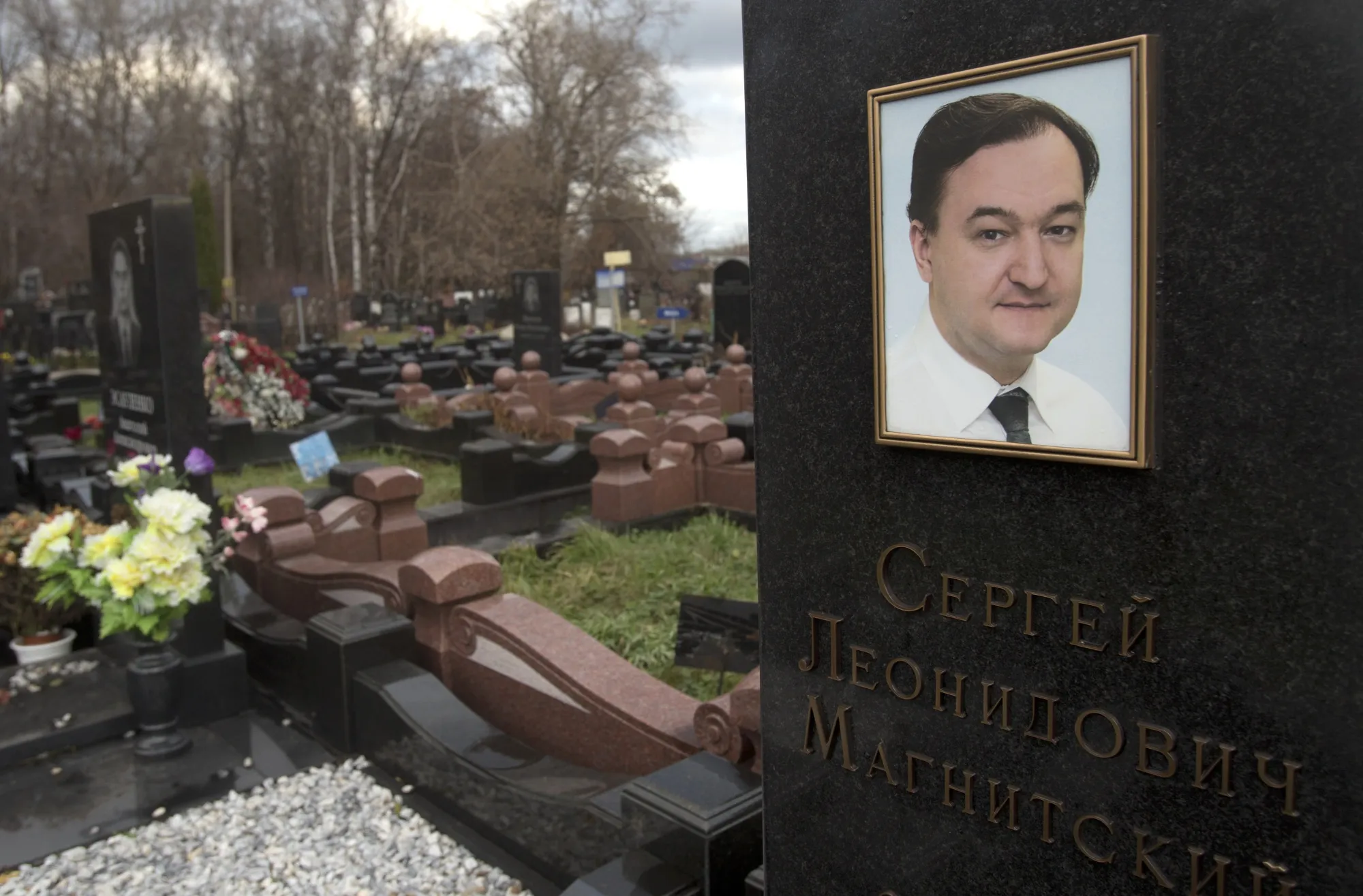 A tombstone on the grave of Sergei Magnitsky in Moscow.