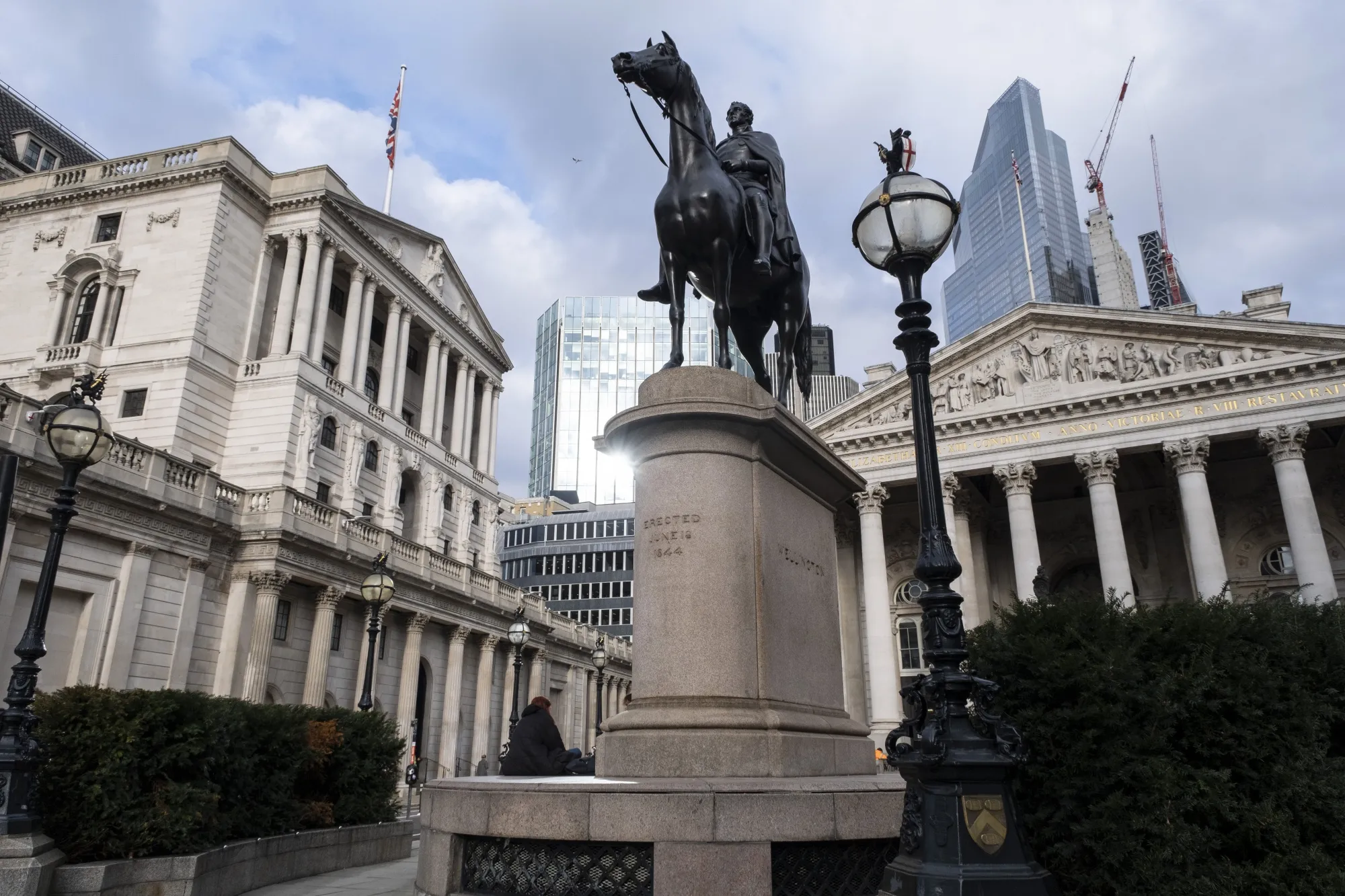 Bank of England with the statue of the Duke of Wellington in the City of London.