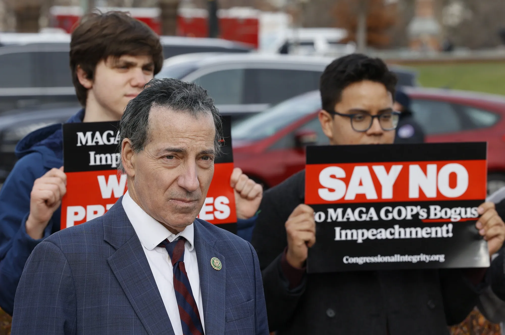 Democratic US Representative&nbsp;Jamie Raskin&nbsp;listens to fellow congressional leaders speak during a press conference held to address MAGA Republicans’ decision to prioritize the impeachment of President Joe Biden over other domestic issues.