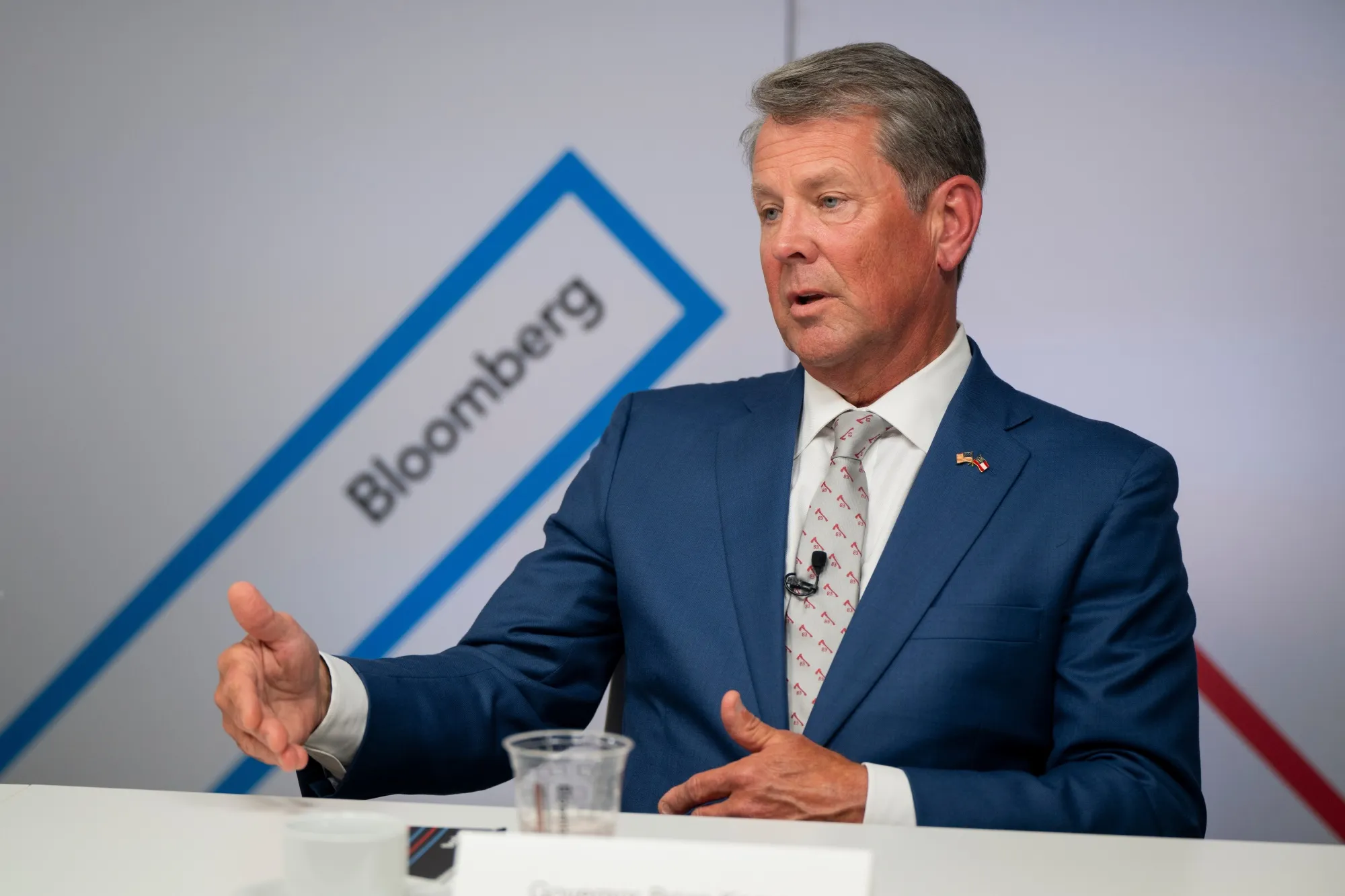 Georgia Governor Brian Kemp speaks during an interview at the Republican National Convention on July 15.