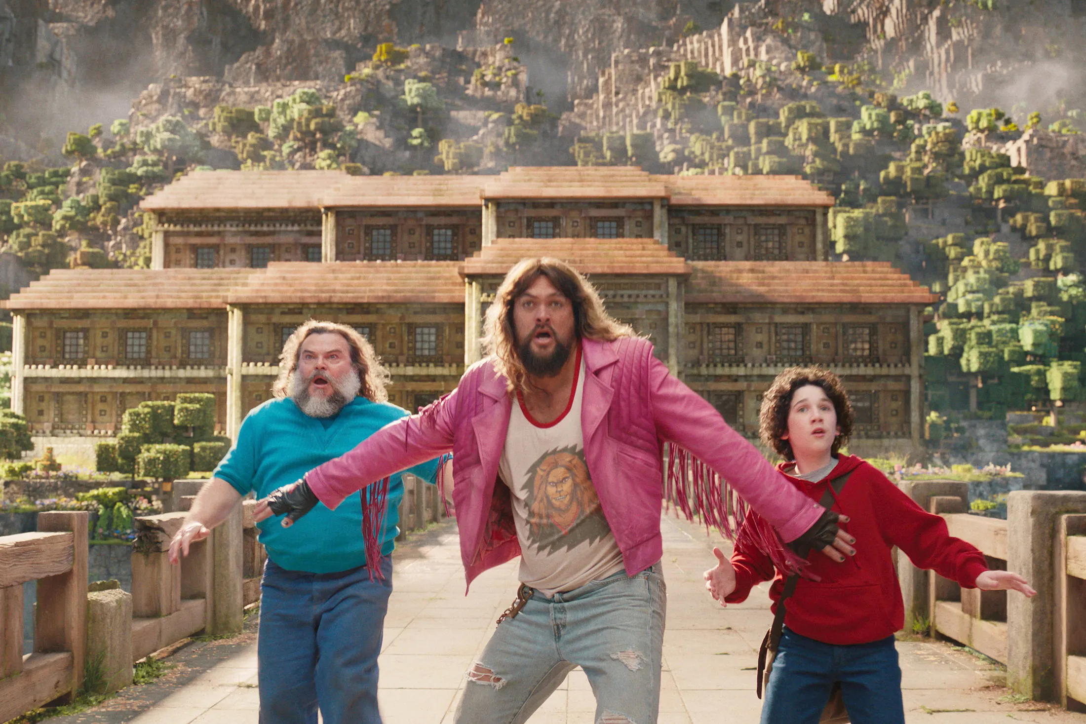 Jack Black, Jason Momoa and Sebastian Hansen in “A Minecraft Movie.”